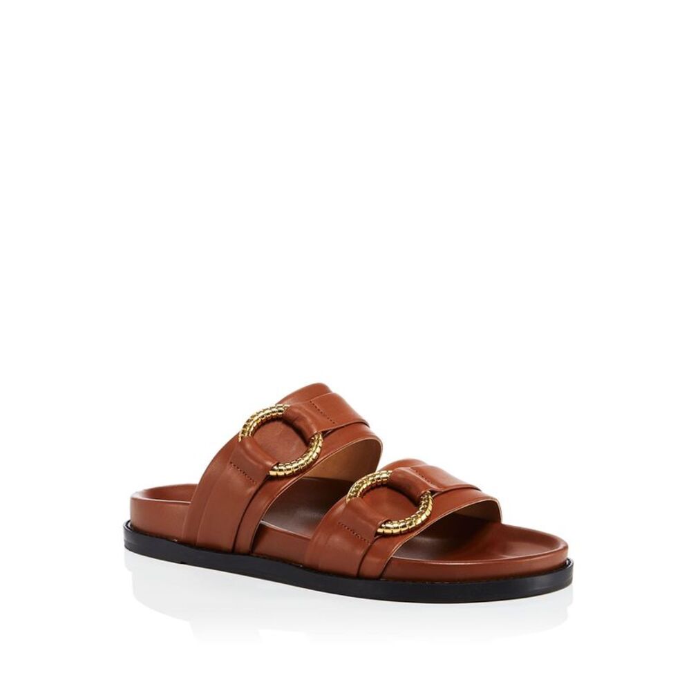 AQUA Womens Brown Cushioned Round Toe Slip On Leather Slide Sandals 6 B